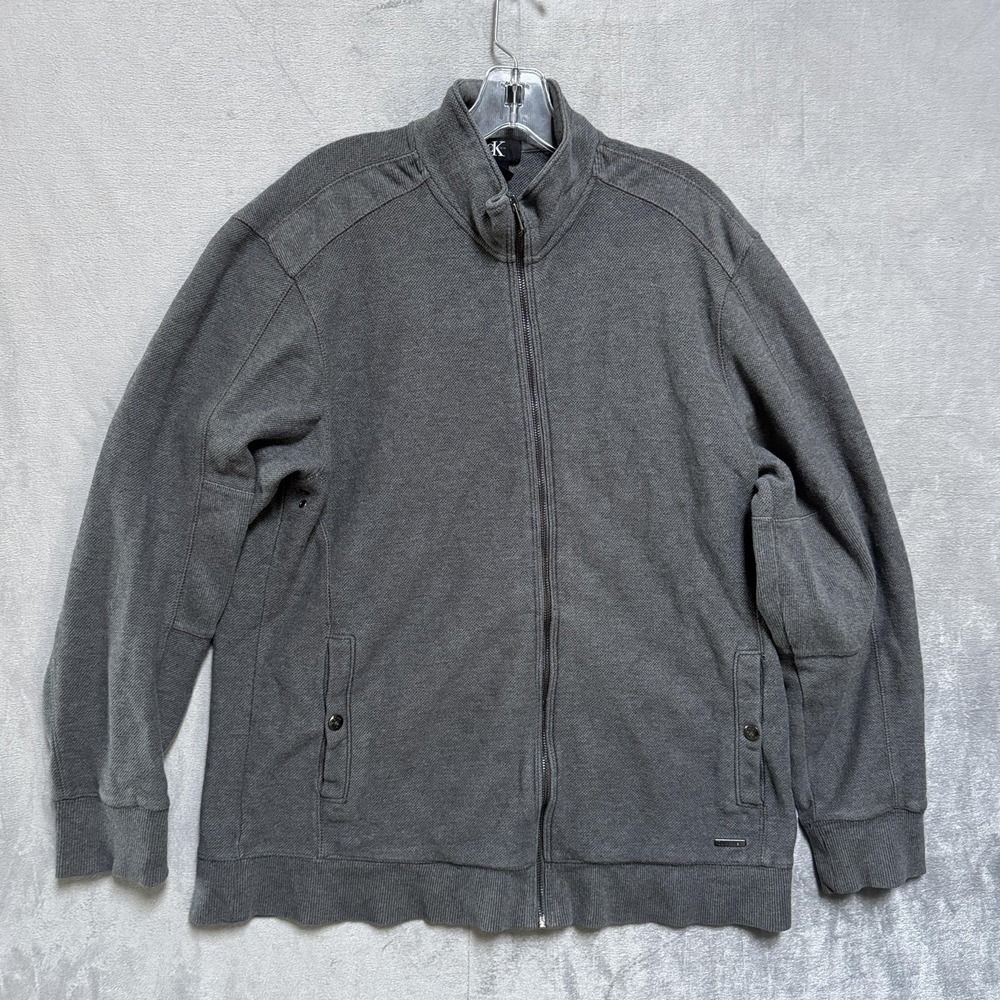 Calvin Klein Sweater‎ Mens Large Gray Full Zip Mock Neck Cotton Knit Pockets